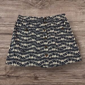 Chic Navy Blue and Cream Patterned Button Up Mini Skirt with Pocket Size Medium